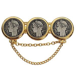 Gold Tone Francaise Silver Tone Coin Chatelaine Brooch Pin Designer Style E888
